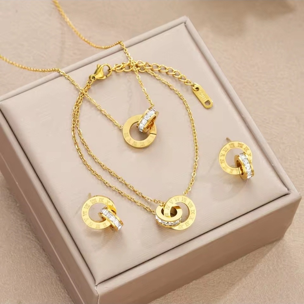 Gold Roman Numeral Circle Necklace Bracelet Earrings Jewelry Set Women